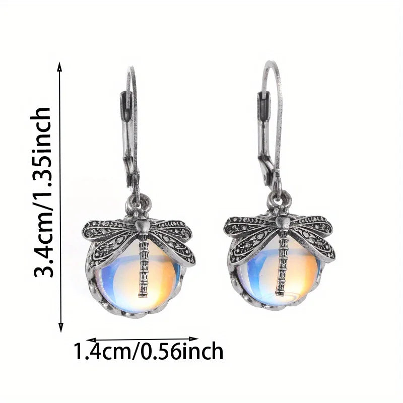 Bohemian Dragonfly Moonstone Dangle Earrings - Exquisite Silver Plated Jewelry for Women