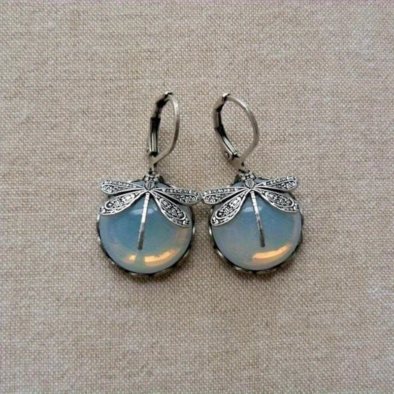 Bohemian Dragonfly Moonstone Dangle Earrings - Exquisite Silver Plated Jewelry for Women