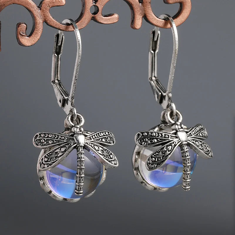 Bohemian Dragonfly Moonstone Dangle Earrings - Exquisite Silver Plated Jewelry for Women