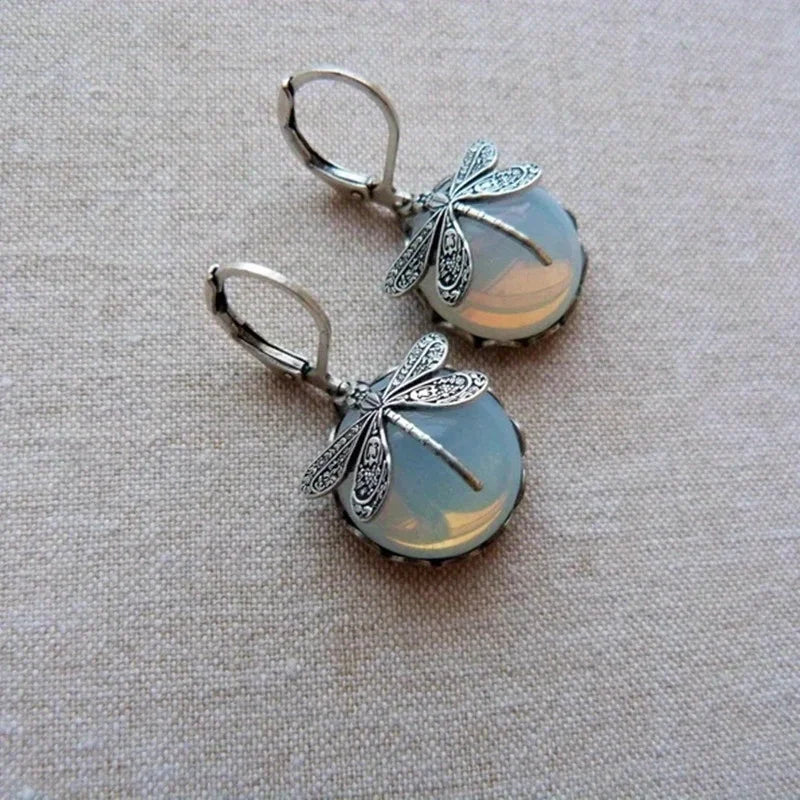 Bohemian Dragonfly Moonstone Dangle Earrings - Exquisite Silver Plated Jewelry for Women