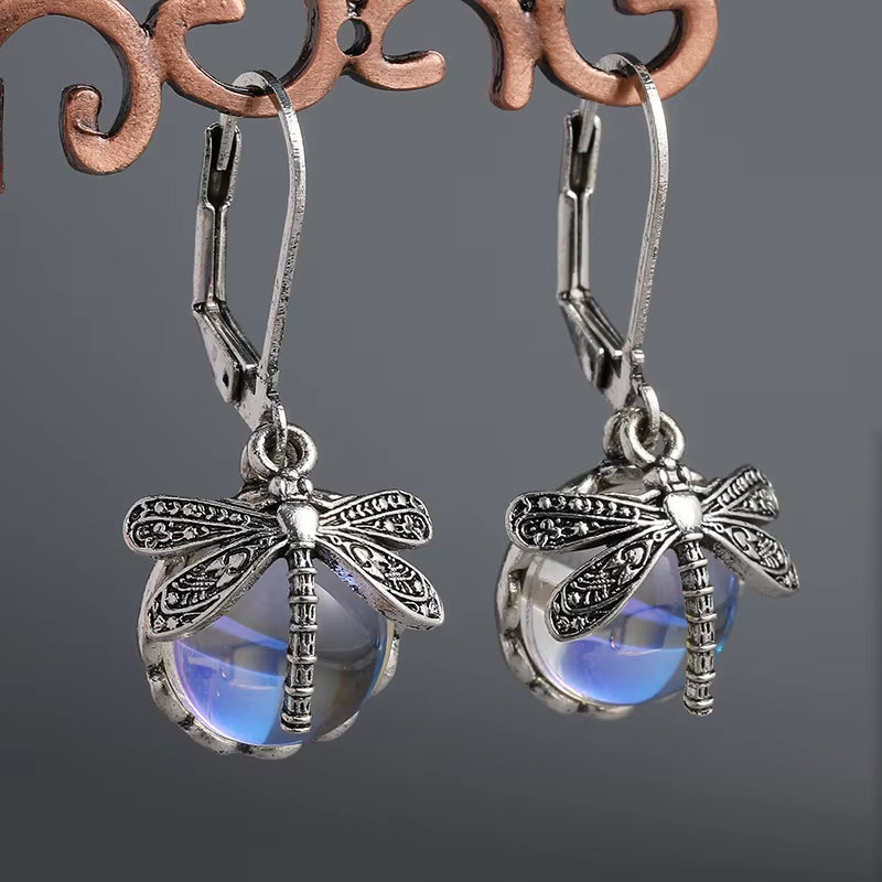 Bohemian Dragonfly Moonstone Dangle Earrings - Exquisite Silver Plated Jewelry for Women